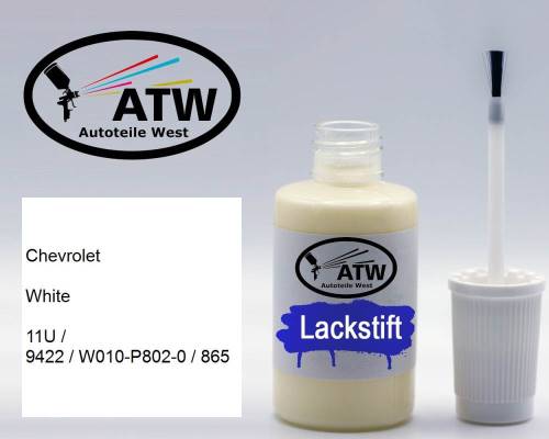 Chevrolet, White, 11U / 9422 / W010-P802-0 / 865: 20ml Lackstift, von ATW Autoteile West.